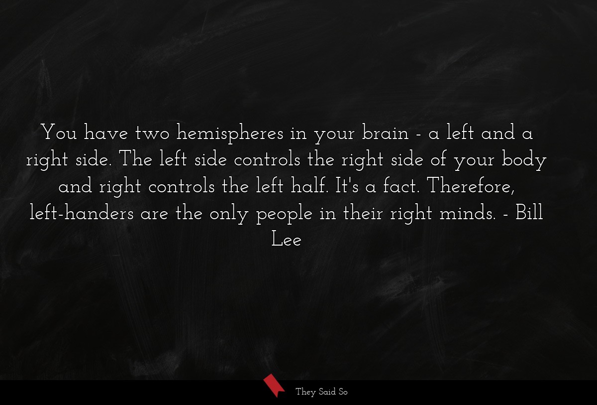 You have two hemispheres in your brain - a left and a right side. The left side controls the right side of your body and right controls the left half. It's a fact. Therefore, left-handers are the only people in their right minds.