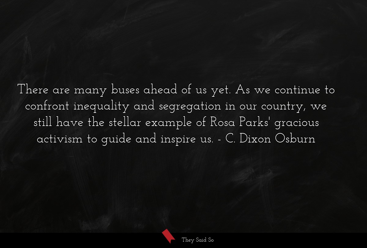 There are many buses ahead of us yet. As we continue to confront inequality and segregation in our country, we still have the stellar example of Rosa Parks' gracious activism to guide and inspire us.