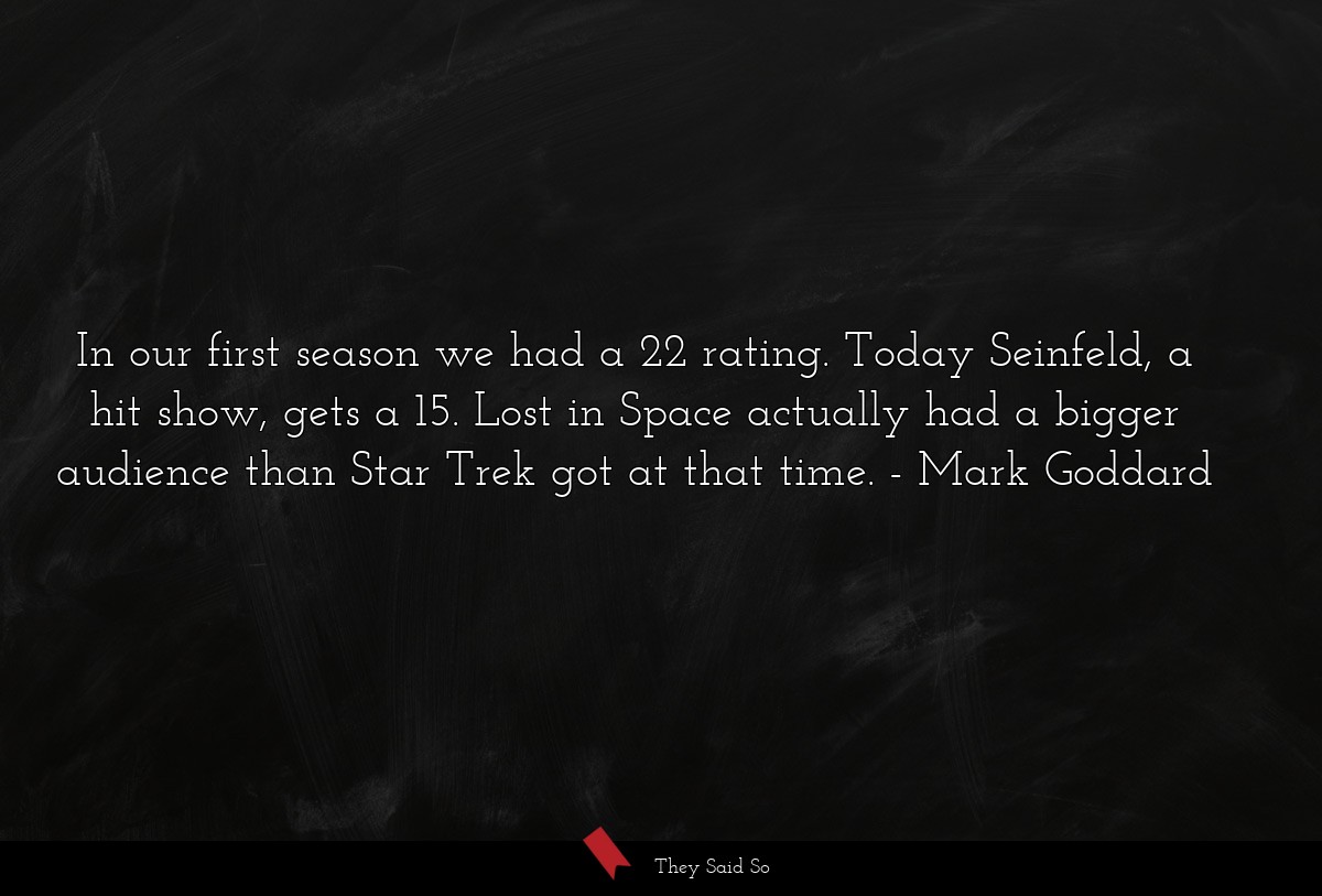 In our first season we had a 22 rating. Today Seinfeld, a hit show, gets a 15. Lost in Space actually had a bigger audience than Star Trek got at that time.