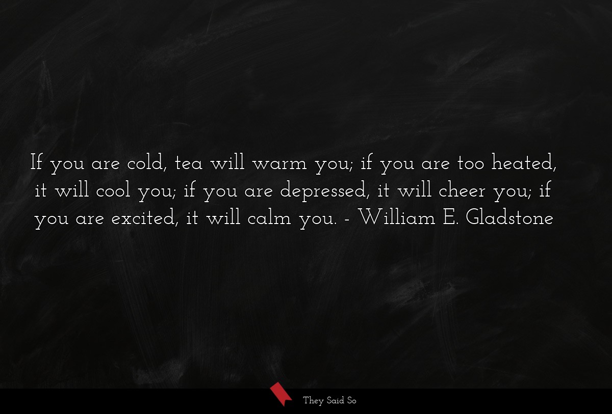 If you are cold, tea will warm you; if you are too heated, it will cool you; if you are depressed, it will cheer you; if you are excited, it will calm you.