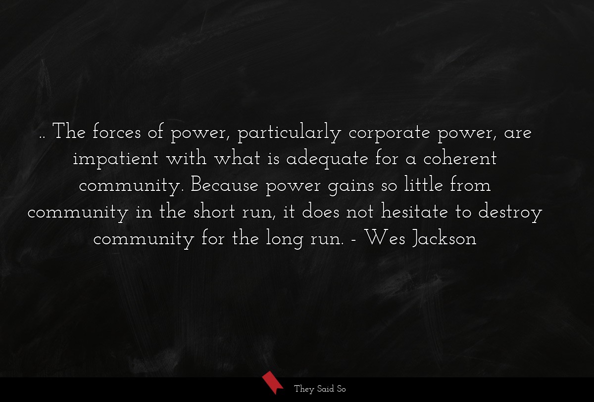 .. The forces of power, particularly corporate power, are impatient with what is adequate for a coherent community. Because power gains so little from community in the short run, it does not hesitate to destroy community for the long run.