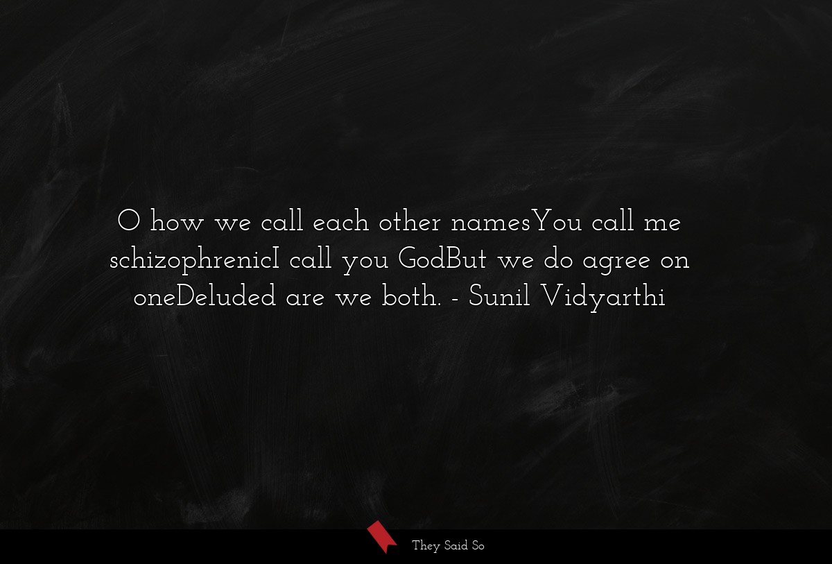 O how we call each other namesYou call me schizophrenicI call you GodBut we do agree on oneDeluded are we both.