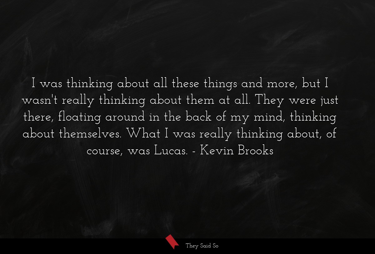 I was thinking about all these things and more, but I wasn't really thinking about them at all. They were just there, floating around in the back of my mind, thinking about themselves. What I was really thinking about, of course, was Lucas.