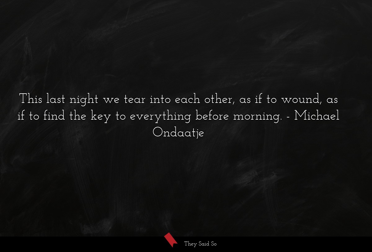 This last night we tear into each other, as if to wound, as if to find the key to everything before morning.