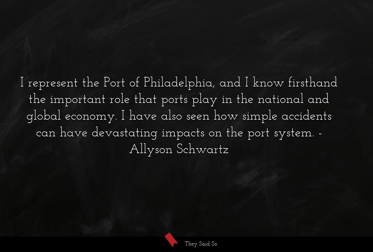 I represent the Port of Philadelphia, and I know firsthand the important role that ports play in the national and global economy. I have also seen how simple accidents can have devastating impacts on the port system.