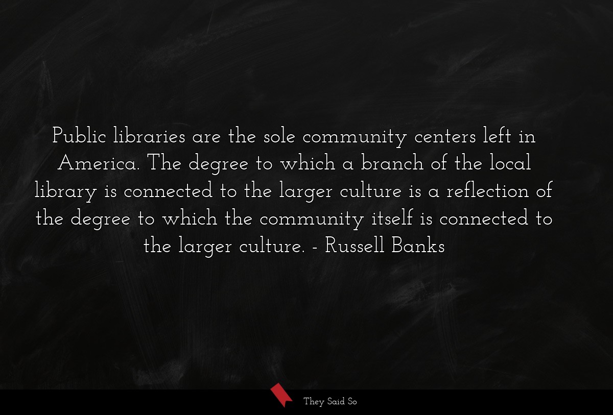 Public libraries are the sole community centers left in America. The degree to which a branch of the local library is connected to the larger culture is a reflection of the degree to which the community itself is connected to the larger culture.