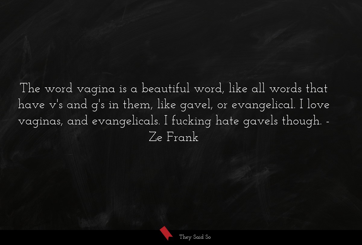 The word vagina is a beautiful word, like all words that have v's and g's in them, like gavel, or evangelical. I love vaginas, and evangelicals. I fucking hate gavels though.
