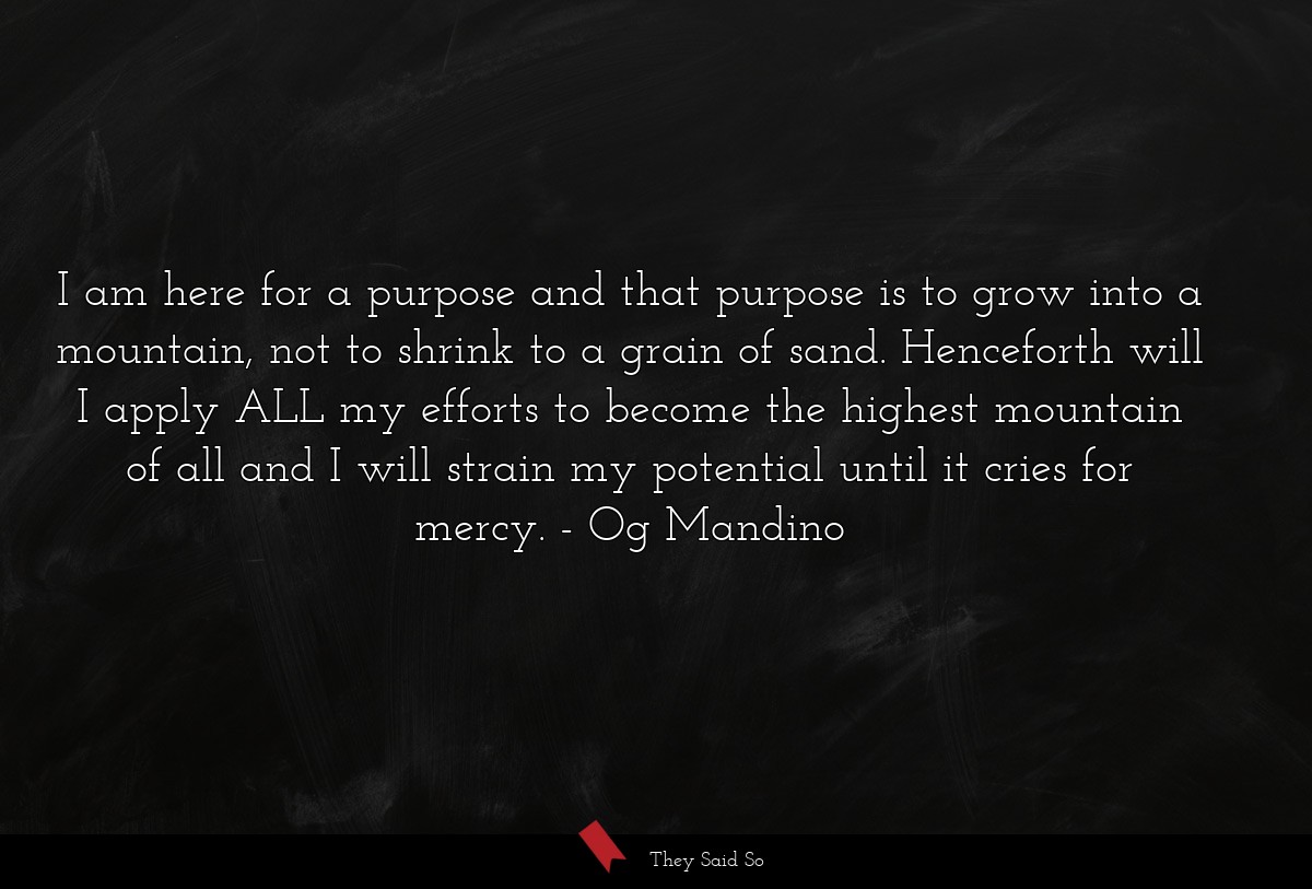 I am here for a purpose and that purpose is to grow into a mountain, not to shrink to a grain of sand. Henceforth will I apply ALL my efforts to become the highest mountain of all and I will strain my potential until it cries for mercy.