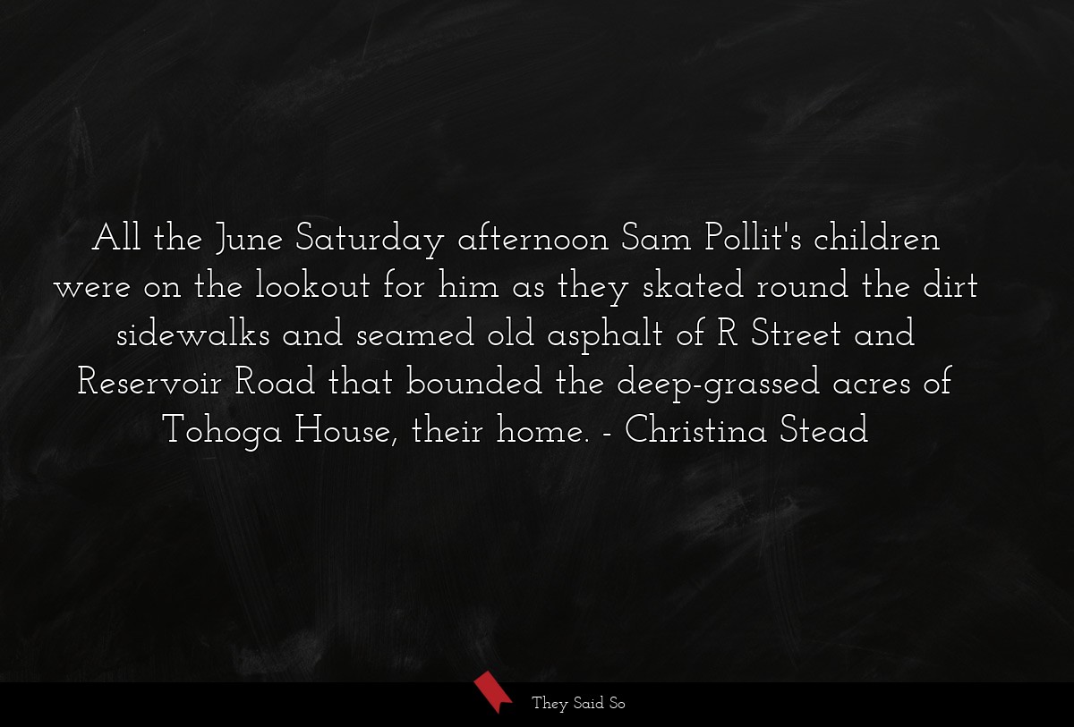 All the June Saturday afternoon Sam Pollit's children were on the lookout for him as they skated round the dirt sidewalks and seamed old asphalt of R Street and Reservoir Road that bounded the deep-grassed acres of Tohoga House, their home.