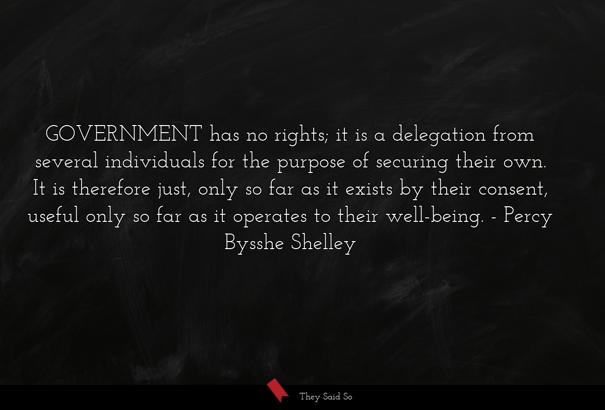 GOVERNMENT has no rights; it is a delegation from... | Percy Bysshe Shelley