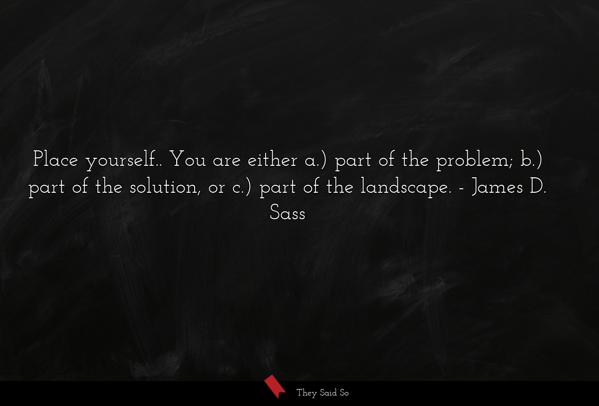 Place yourself.. You are either a.) part of the problem; b.) part of the solution, or c.) part of the landscape.