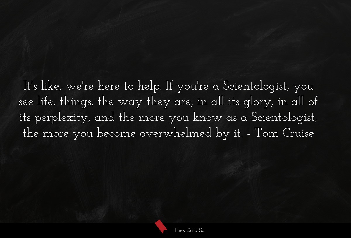 It's like, we're here to help. If you're a Scientologist, you see life, things, the way they are, in all its glory, in all of its perplexity, and the more you know as a Scientologist, the more you become overwhelmed by it.