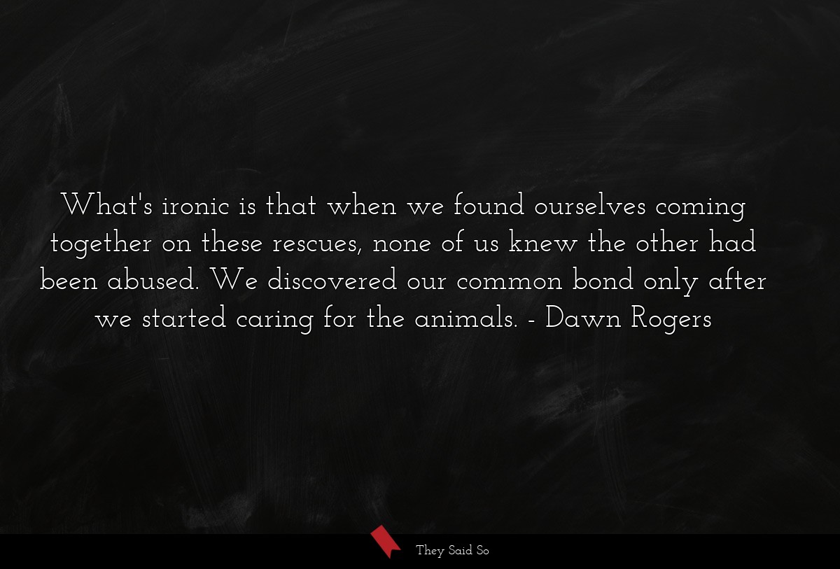 What's ironic is that when we found ourselves coming together on these rescues, none of us knew the other had been abused. We discovered our common bond only after we started caring for the animals.