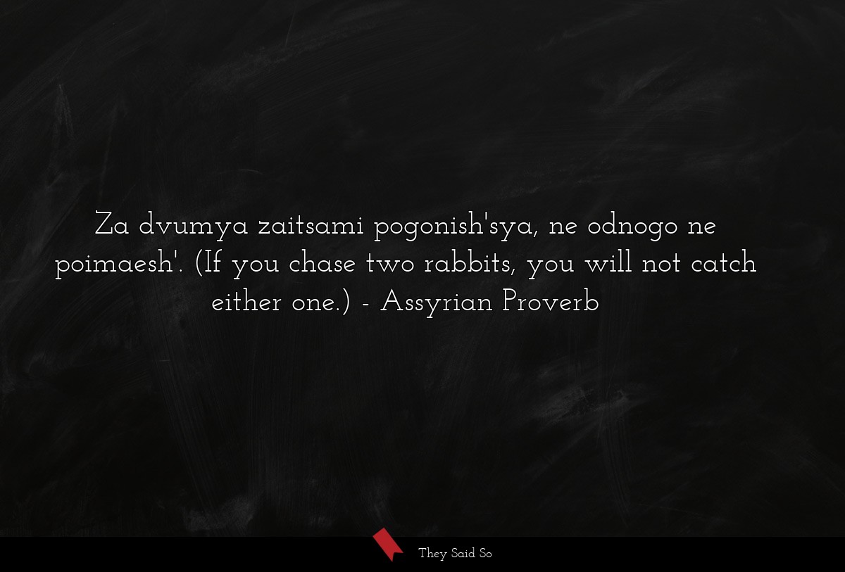 Za dvumya zaitsami pogonish'sya, ne odnogo ne poimaesh'. (If you chase two rabbits, you will not catch either one.)