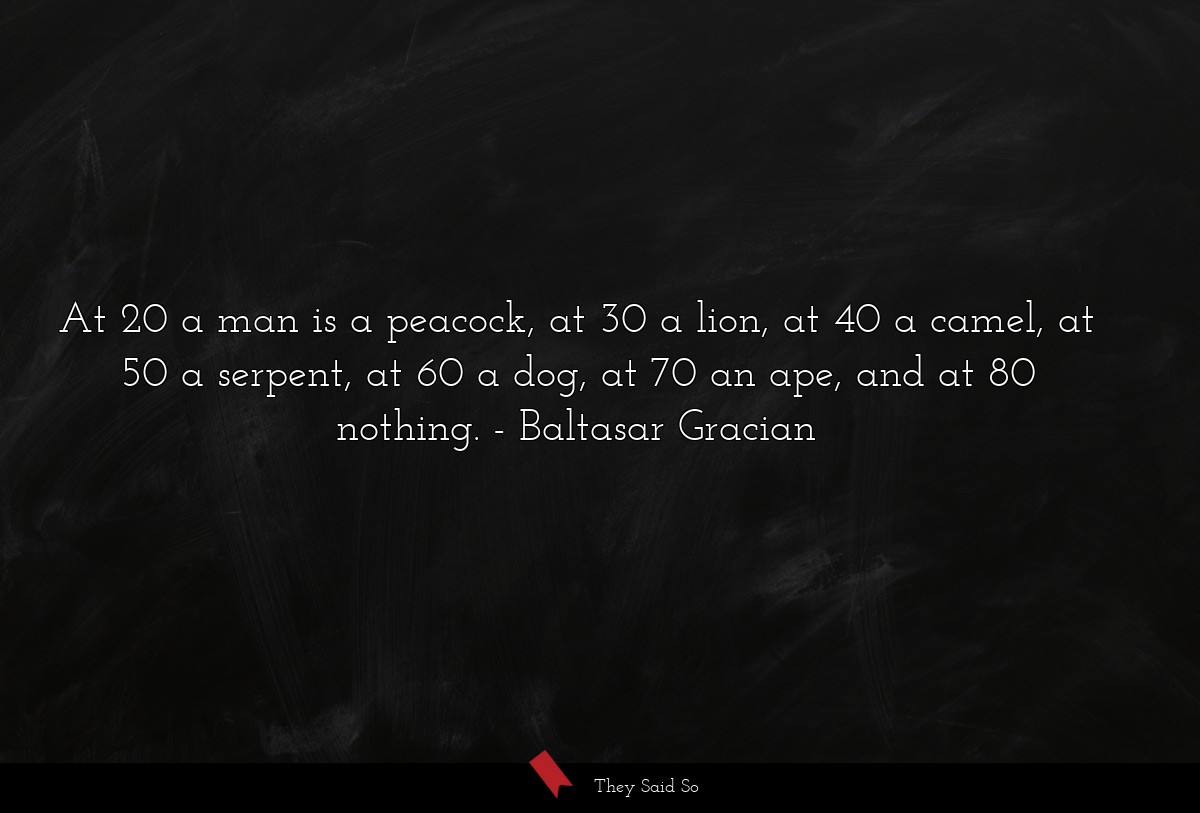 At 20 a man is a peacock, at 30 a lion, at 40 a camel, at 50 a serpent, at 60 a dog, at 70 an ape, and at 80 nothing.