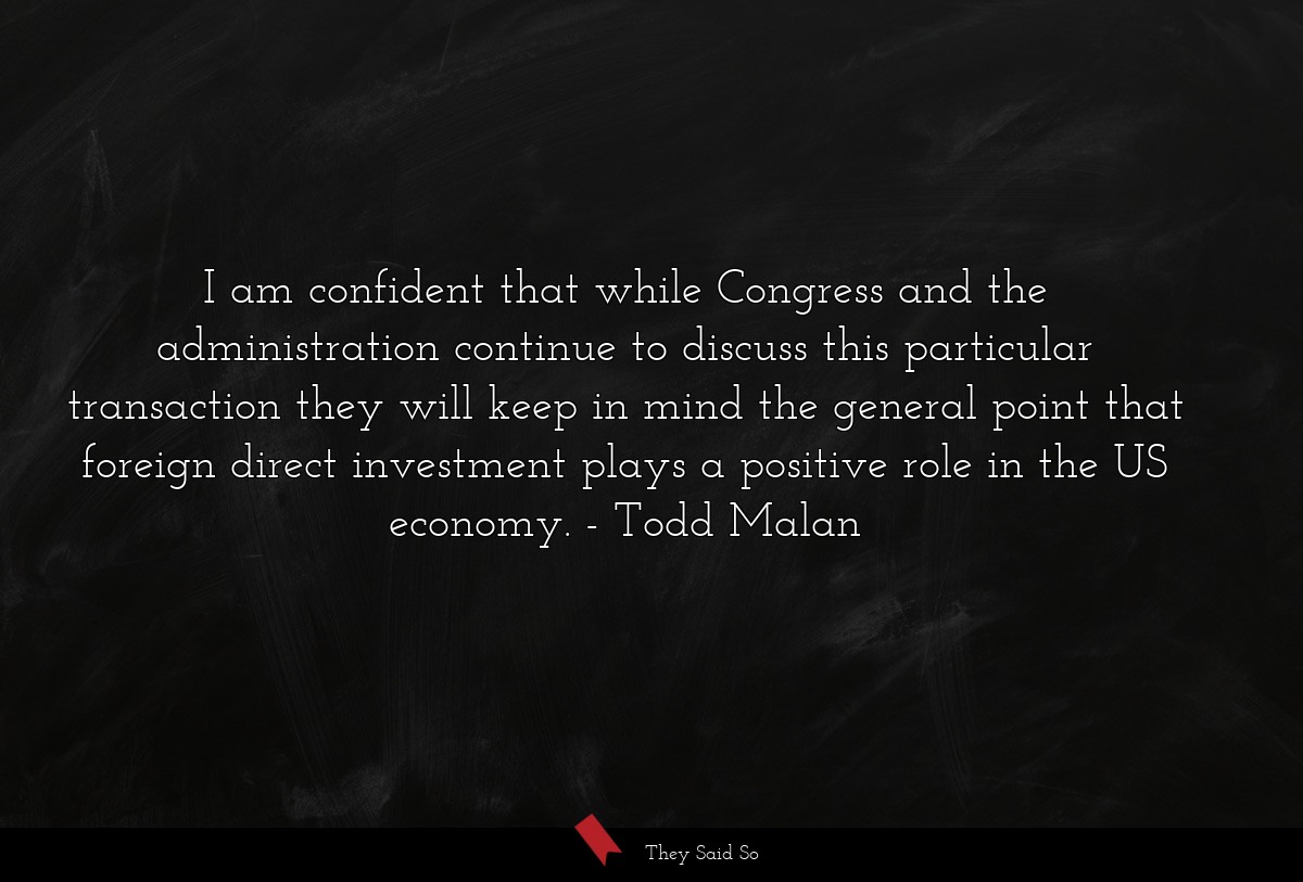 I am confident that while Congress and the administration continue to discuss this particular transaction they will keep in mind the general point that foreign direct investment plays a positive role in the US economy.