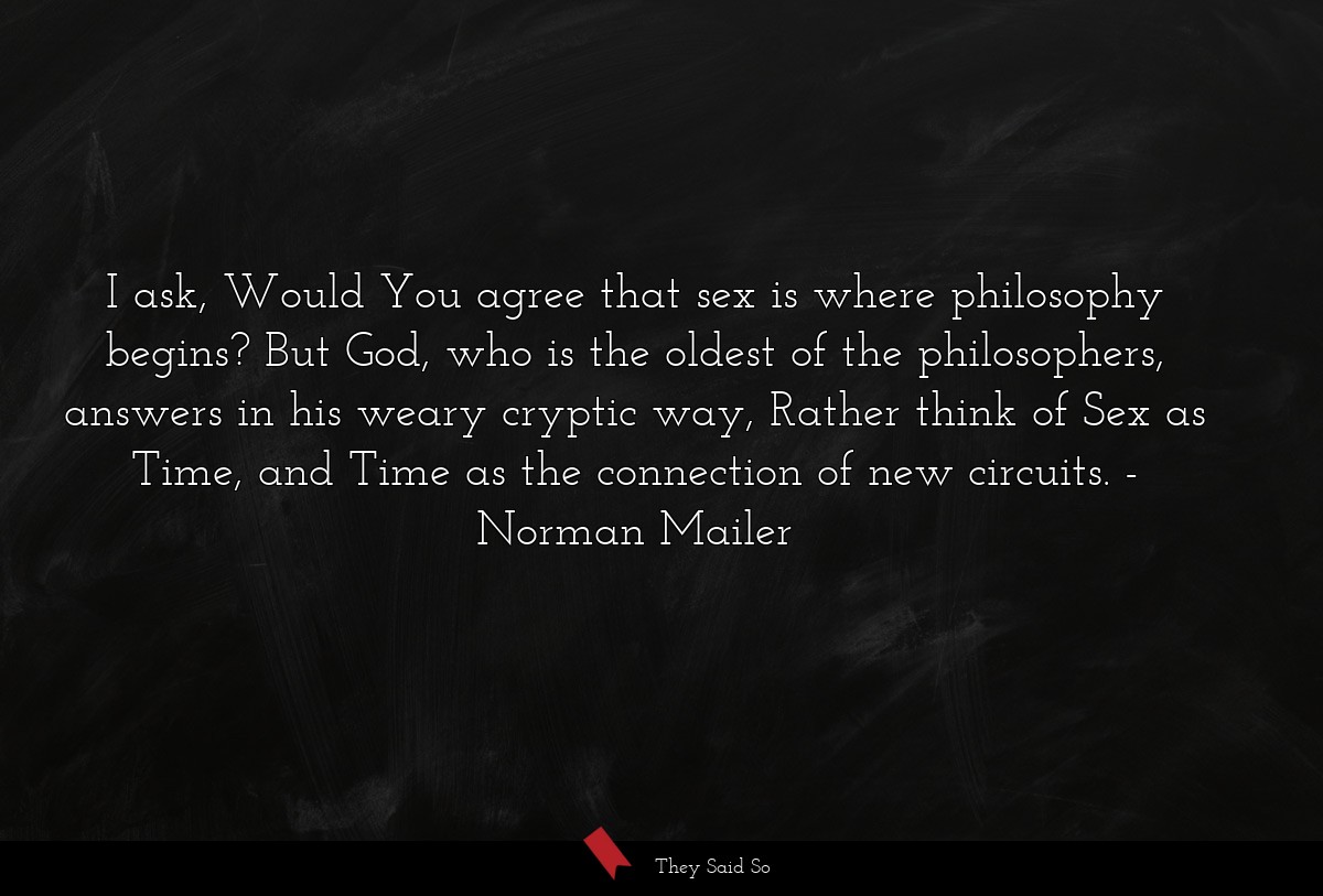 I ask, Would You agree that sex is where philosophy begins? But God, who is the oldest of the philosophers, answers in his weary cryptic way, Rather think of Sex as Time, and Time as the connection of new circuits.