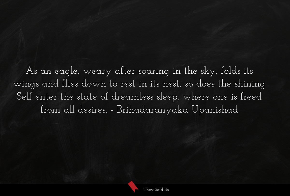 As an eagle, weary after soaring in the sky, folds its wings and flies down to rest in its nest, so does the shining Self enter the state of dreamless sleep, where one is freed from all desires.