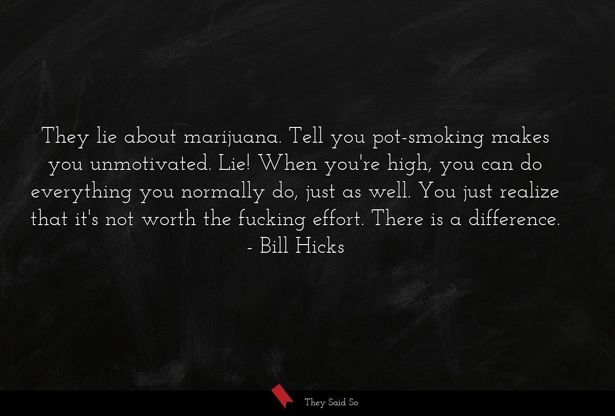 They lie about marijuana. Tell you pot-smoking makes you unmotivated. Lie! When you're high, you can do everything you normally do, just as well. You just realize that it's not worth the fucking effort. There is a difference.