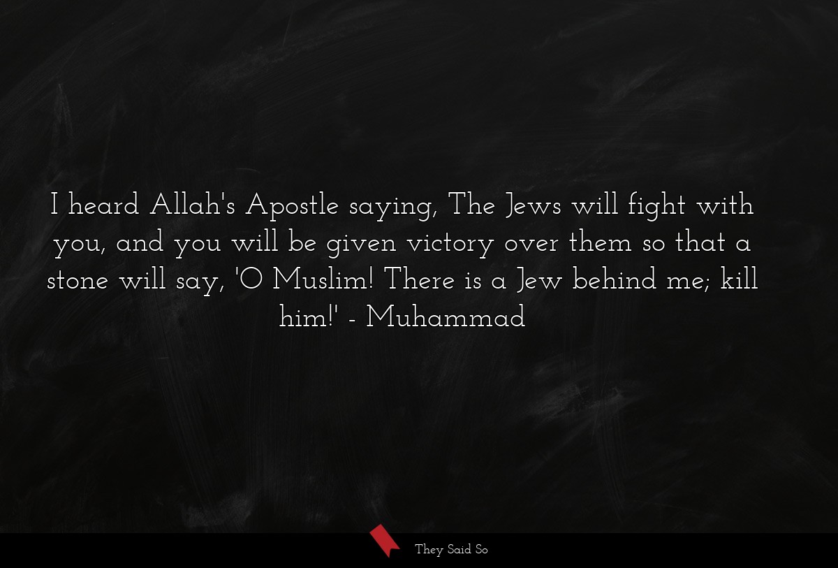 I heard Allah's Apostle saying, The Jews will fight with you, and you will be given victory over them so that a stone will say, 'O Muslim! There is a Jew behind me; kill him!'
