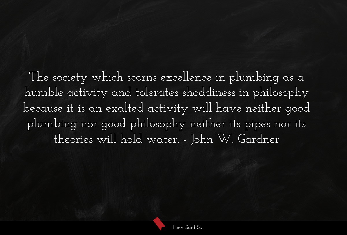 The society which scorns excellence in plumbing as a humble activity and tolerates shoddiness in philosophy because it is an exalted activity will have neither good plumbing nor good philosophy neither its pipes nor its theories will hold water.