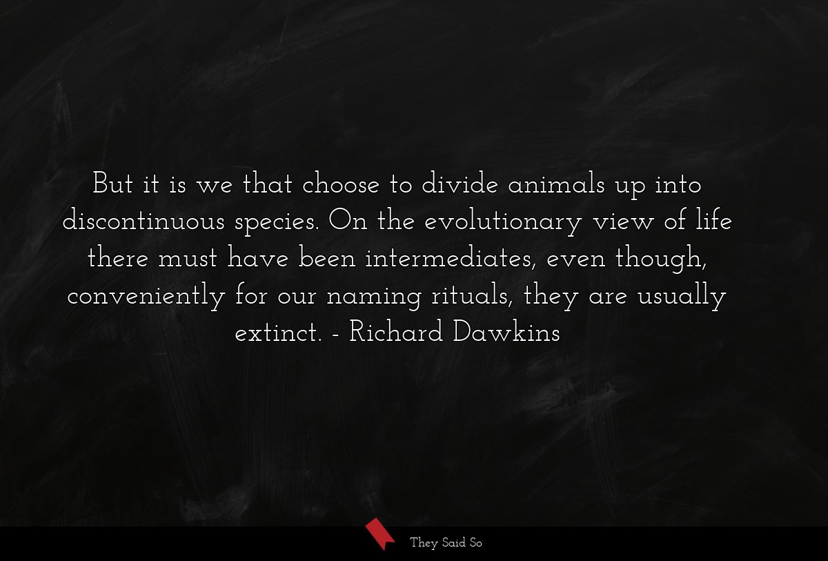 But it is we that choose to divide animals up into discontinuous species. On the evolutionary view of life there must have been intermediates, even though, conveniently for our naming rituals, they are usually extinct.