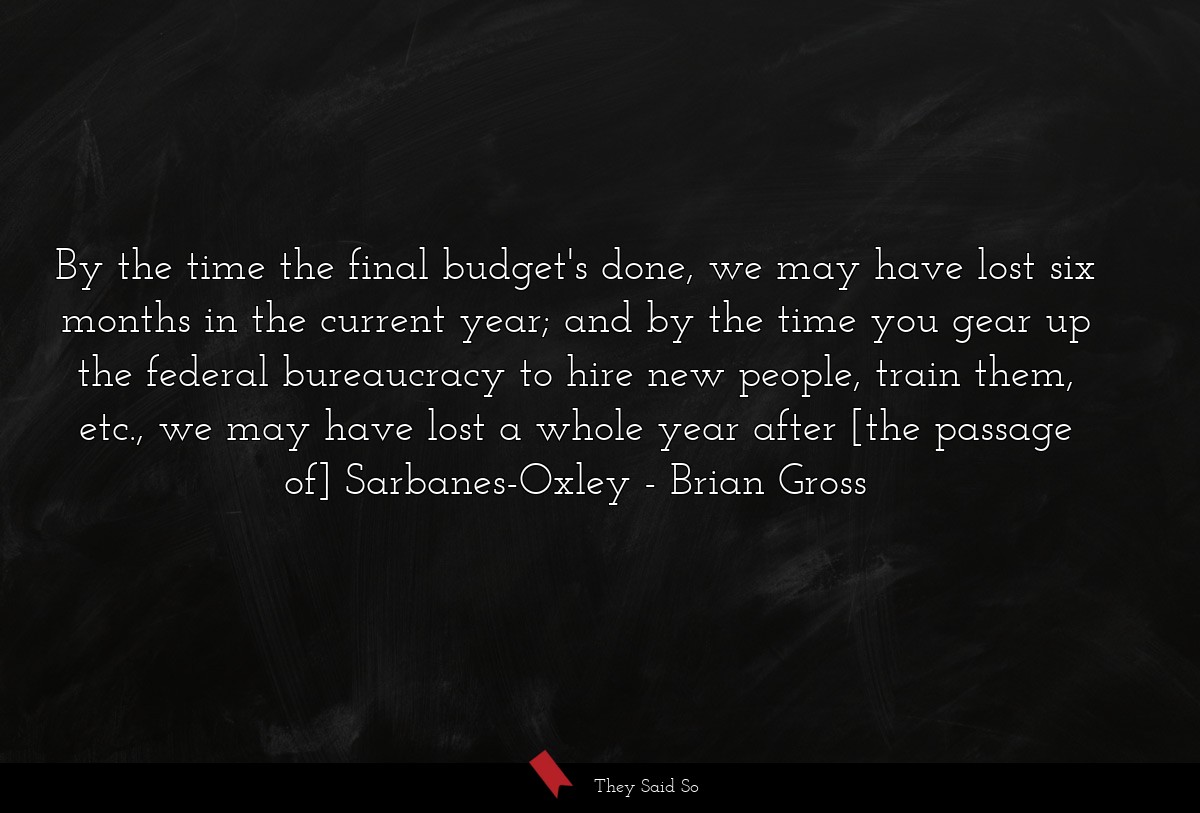 By the time the final budget's done, we may have lost six months in the current year; and by the time you gear up the federal bureaucracy to hire new people, train them, etc., we may have lost a whole year after [the passage of] Sarbanes-Oxley