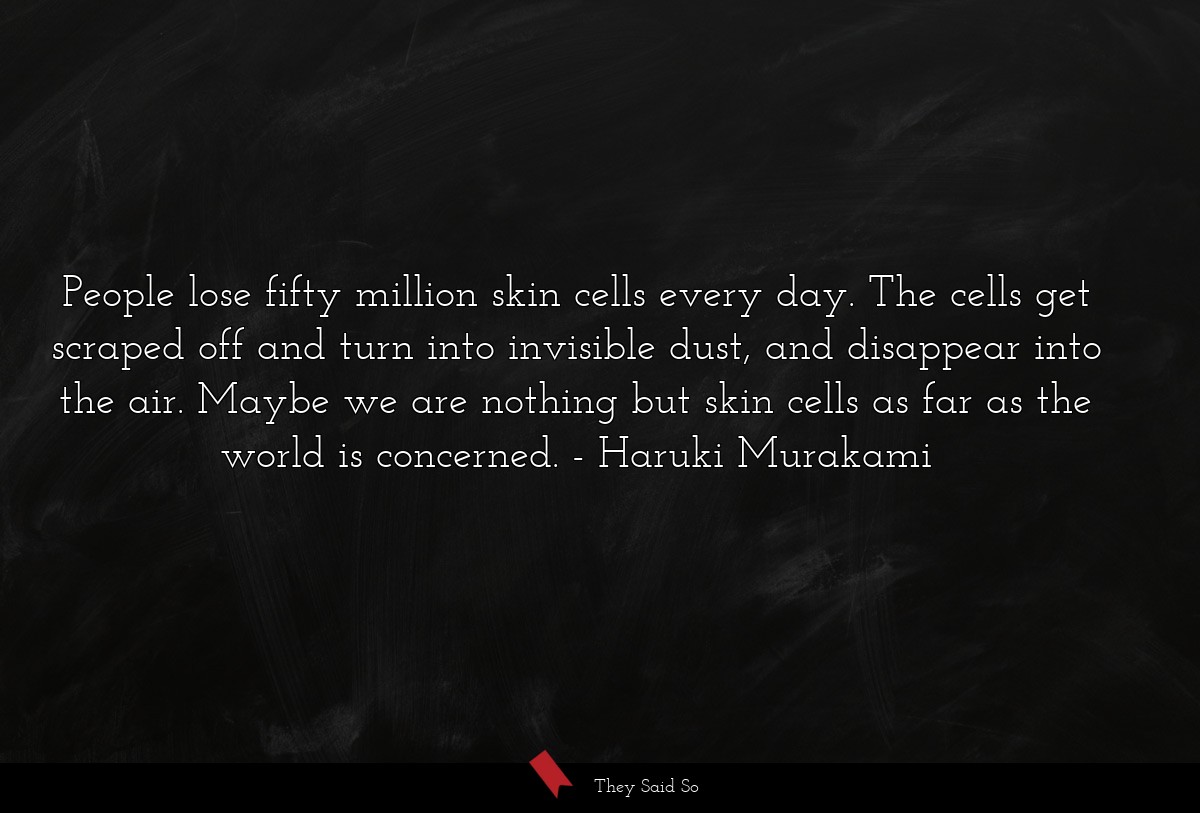 People lose fifty million skin cells every day. The cells get scraped off and turn into invisible dust, and disappear into the air. Maybe we are nothing but skin cells as far as the world is concerned.