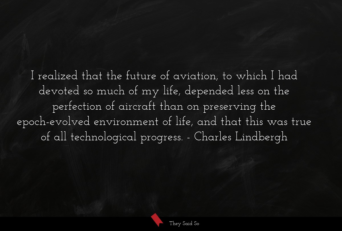 I realized that the future of aviation, to which I had devoted so much of my life, depended less on the perfection of aircraft than on preserving the epoch-evolved environment of life, and that this was true of all technological progress.