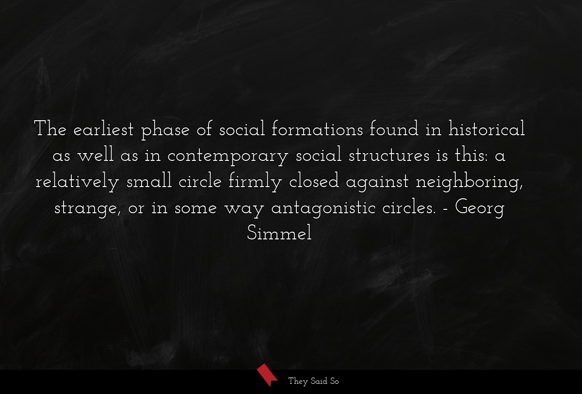 The earliest phase of social formations found in historical as well as in contemporary social structures is this: a relatively small circle firmly closed against neighboring, strange, or in some way antagonistic circles.