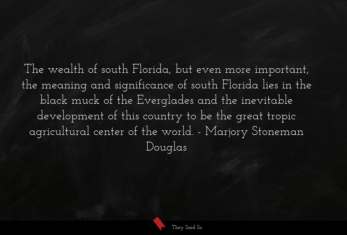 The wealth of south Florida, but even more important, the meaning and significance of south Florida lies in the black muck of the Everglades and the inevitable development of this country to be the great tropic agricultural center of the world.