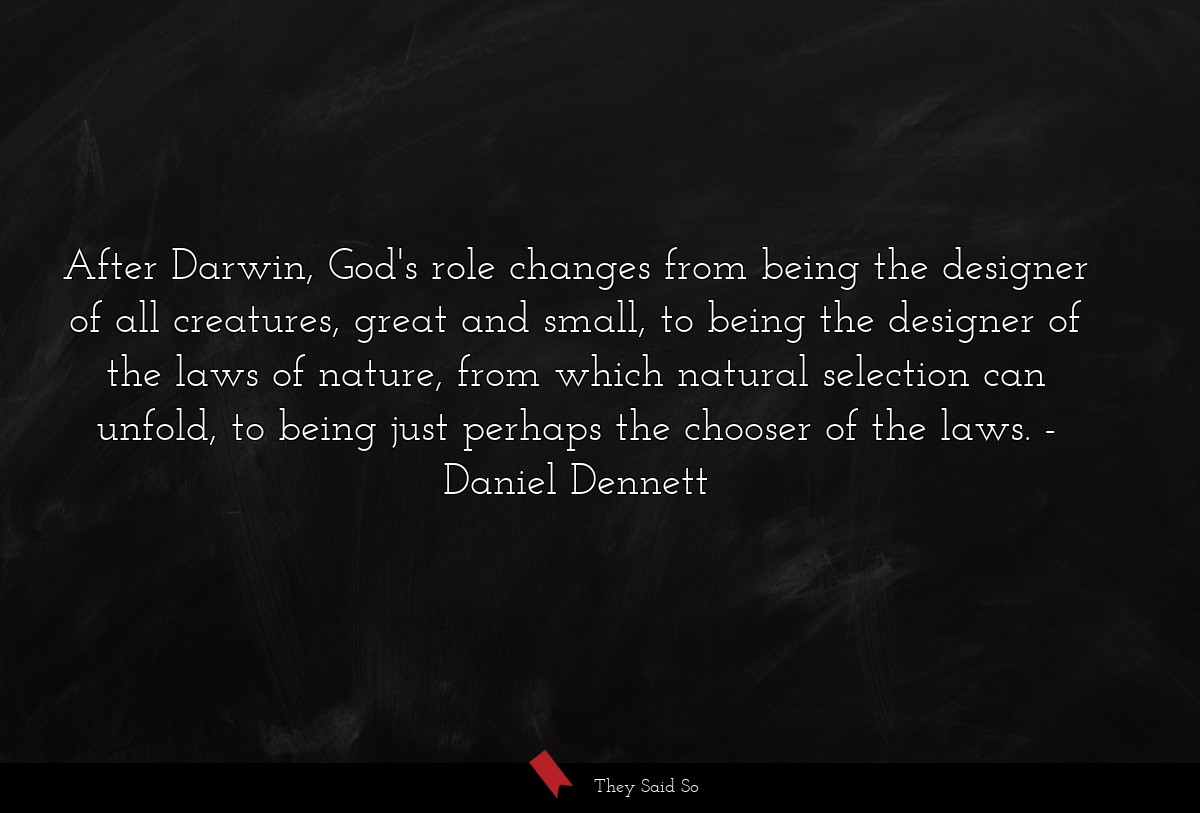 After Darwin, God's role changes from being the designer of all creatures, great and small, to being the designer of the laws of nature, from which natural selection can unfold, to being just perhaps the chooser of the laws.